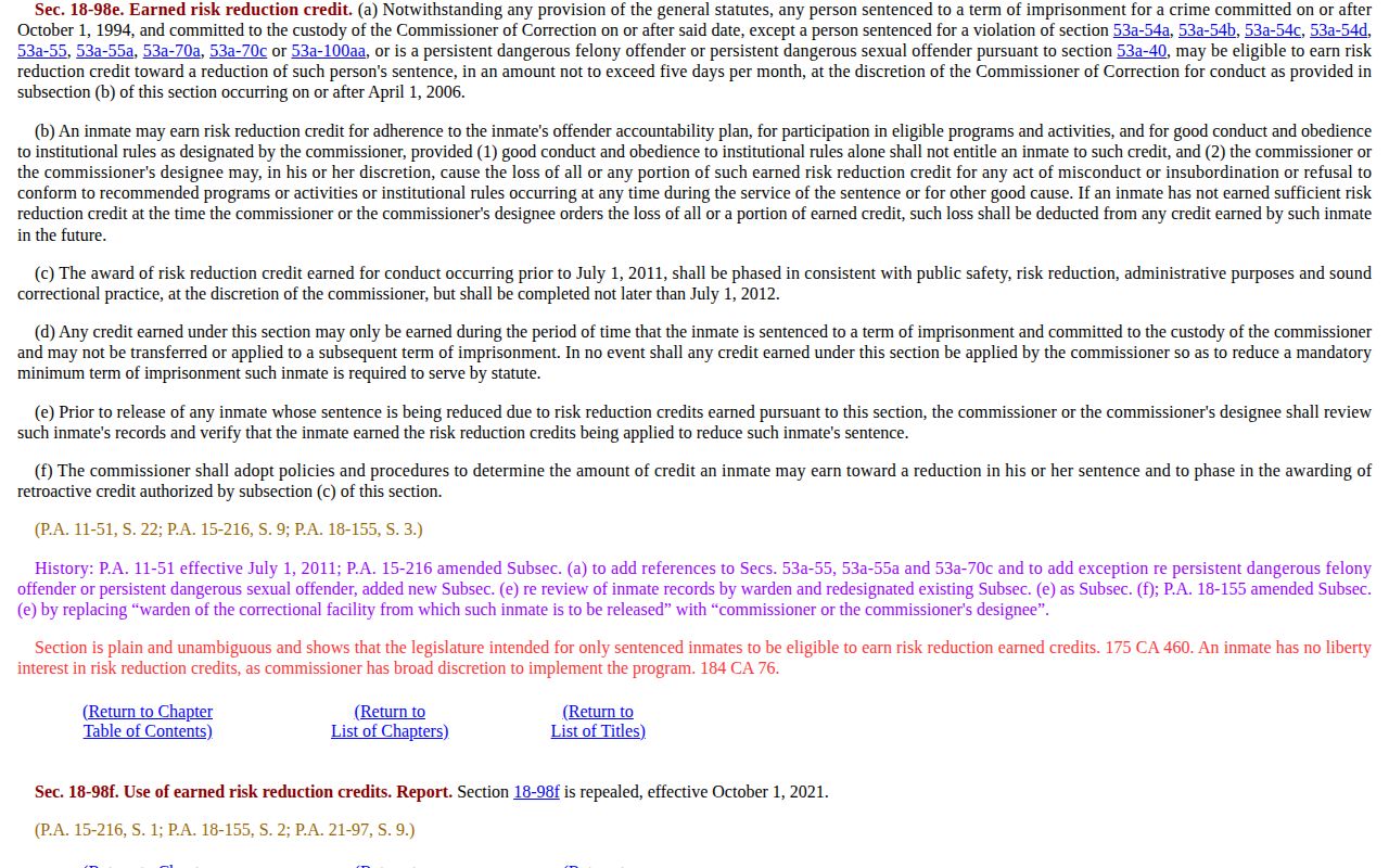 Milford release date credit law in Connecticut statute section 18-98e